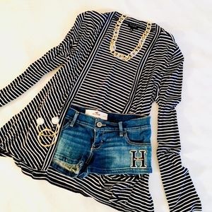 Talbots Navy Nautical Striped Open Front Cardigan